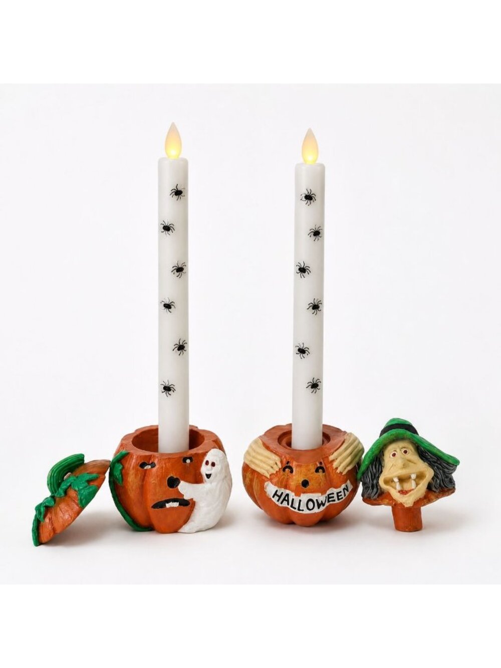 Halloween Pumpkin Candle Holder Set of 2 Witch Ghost Taper Holders Lids Spooky